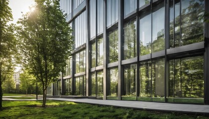 Fototapeta na wymiar Sustainable building with trees and green environment: Eco-friendly glass office