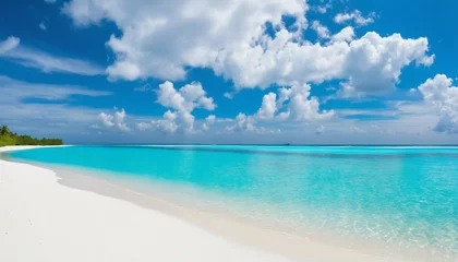 Foto op Plexiglas Sandy beach featuring white sand and rolling calm wave of turquoise ocean on sunny day, white clouds in blue sky background © ibreakstock