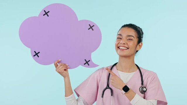 Woman, nurse and speech bubble presentation, mockup or student information, FAQ and advice in studio. Face, quote and medical doctor with yes, agreement or review, tracking marker and blue background