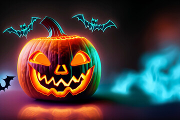 smiling pumpkins on halloween with neon lights, party invitation type background