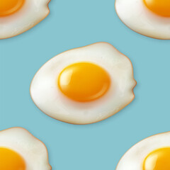 Vector Seamless Pattern with Realistic Fried Egg, Omelet on a Blue Background. Healthy Breakfast, Protein Food, Diet Meal Concept. Design Template