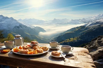 Tuinposter Alpen Breathtaking Breakfast mountains winter. Dinner terrace. Generate Ai
