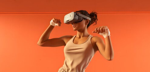 Fototapeta na wymiar Woman Immersed in Virtual Reality Headset