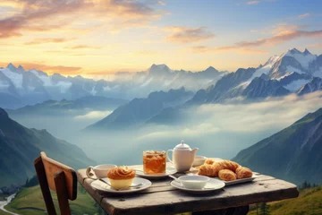 Fotobehang Breakfast mountains winter. Dinner terrace. Generate Ai © juliars