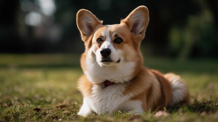 playful corgy on a lawn, grass field