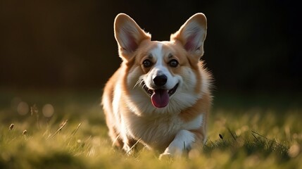 playful corgy on a lawn, grass field