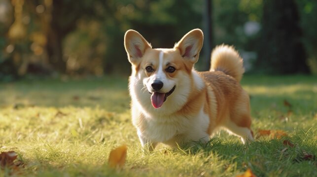 playful corgy on a lawn, grass field