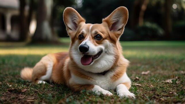 playful corgy on a lawn, grass field