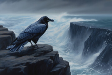 Illustration of raven on dark cliffs by the sea, huge waves hit shoreline, stormy weather.