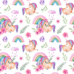 Fototapeta na wymiar Seamless pattern with unicorn,rainbow, flowers. leaves, cloud with raindrops. Watercolor illustration isolated on white. Background for printing on fabric, covers, children's textiles, scrapbooking.