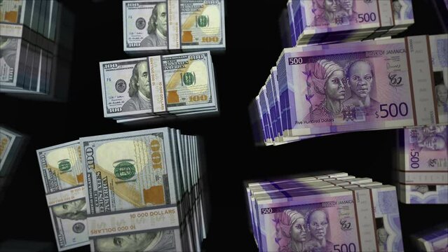 American Dollar and Jamaica Dollar money exchange. Banknotes pack bundle. Concept of trade, economy, competition, crisis, banking and finance. Notes loopable seamless 3d.