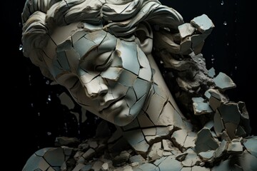 Stone-cold Broken greek statue. Face stone ancient. Generate Ai