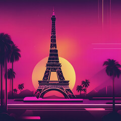 Abstract synthwave background with Paris.