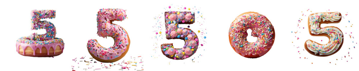 Png Set Sprinkle covered number 5 on a transparent background with clipping path ideal for bakery themed designs