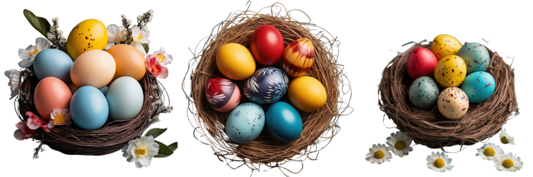 Png Set Eggs of different colors placed on a transparent background One flower shaped egg made of two red yellow green and blue eggs Quail eggs in a basket - Powered by Adobe