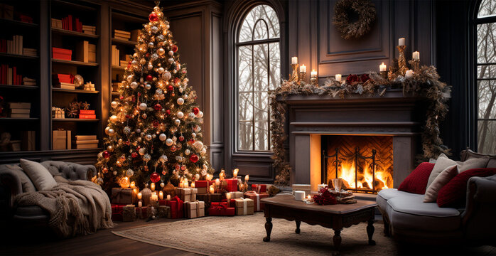 Festive Christmas interior of a house with a Christmas tree and New Year's gifts by the fireplace - AI generated image