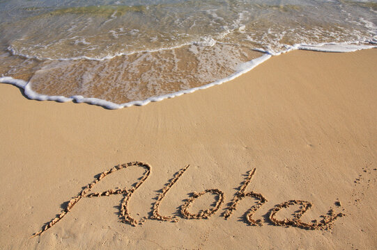 Aloha Written In The Sand Of A Hawaiian Beach