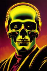 Day of the Dead style skullman wearing headphones, Generative AI