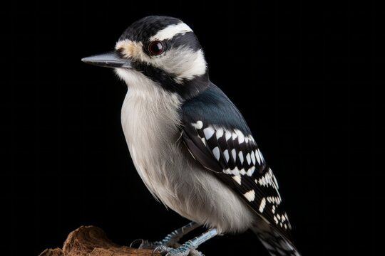 Close-up studio portrait of Downy Woodpecker Dryobates pubescens. Blank for design