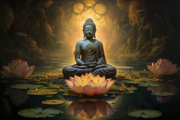 Zelfklevend Fotobehang Buddha lotus position art. Asian zen. Generate Ai © juliars