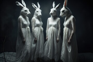 Four hares in long white dresses  