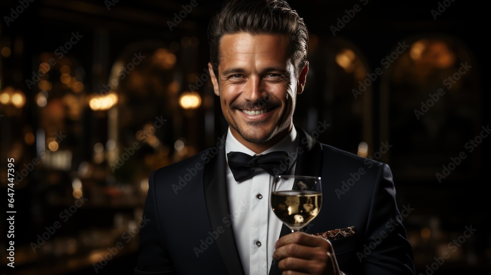 Wall mural charismatic man in tuxedo, toasting with champagne.