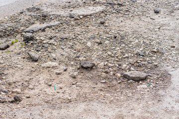 Pits on the road and destroyed asphalt. Background with copy space