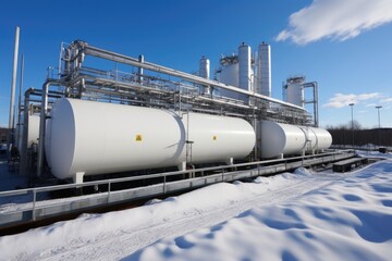 A large cylindrical tank painted in white, with pipes attached at various points, symbolizes carbon capture and storage CCS technology.