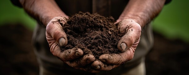 A closeup shot of a weathered farmers hands holding soil, suggesting the impact of carbon emissions on agriculture and the potential changes that could arise from carbon pricing. - obrazy, fototapety, plakaty