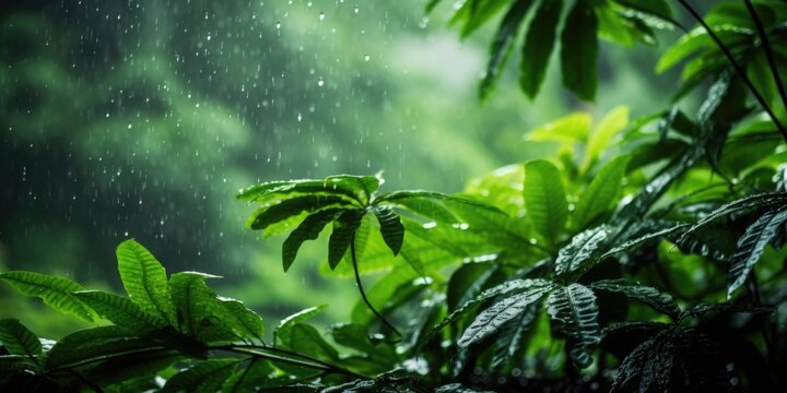 Rain falling onto lush vegetation speaks to the natural process of photosynthesis, which facilitates carbon sequestration and is a vital part of achieving carbon neutrality.