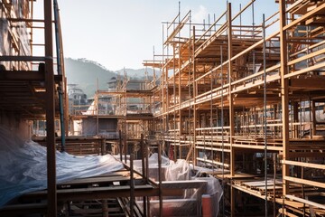 A construction site where innovative ecofriendly materials are being used, such as bamboo...
