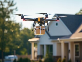 A drone delivers a package to a house in a suburban neighborhood, demonstrating green initiative in logistics and distribution.