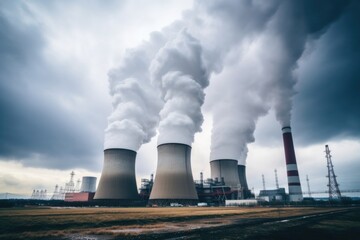 A power plant with cooling towers under a cloudy sky, with steam and smoke representing one of the largest sources of carbon emissions.