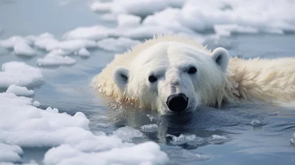 Foto op Plexiglas A closeup of an ill polar bear struggling in thinning ice, showing the practical impacts of greenhouse gasinduced climate change. © Justlight