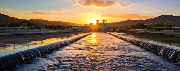 A water treatment plant at sunset, ilrating our efforts to ensure clean water supply in the face of increasing pollution. © Justlight