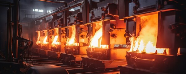 Closeup view of a heavyduty furnace in a glass factory, spewing out intense heat while emphasizing the excess carbon emissions.