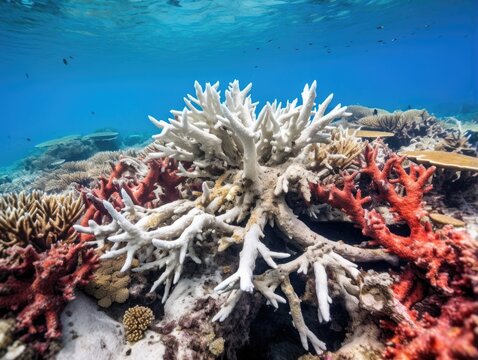 A closeup of a dying coral reef, contrasted with a thriving one, showing the devastation caused by ocean acidification due to increased CO2 emissions.