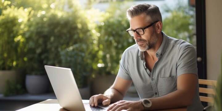 A Man At A Home Office Researching On His Computer About Household Energy Efficiency, A Part Of Individual Responsibilities To Reduce Carbon Emissions.