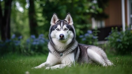 playful husky on a lawn, grass field