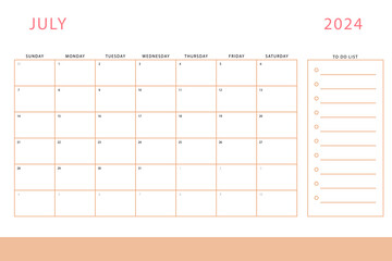 July 2024 calendar. Monthly planner template. Sunday start. Vector design