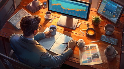 A top view of a trader on his office sourounded by stock market prices, trading, crypto stocks, investing, business