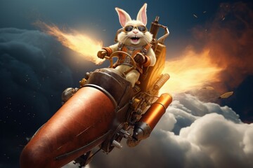 Adventurous Rabbit riding on rocket. Adorable animal. Generate Ai