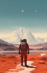 Astronaut stands on the surface of a red planet ai generated