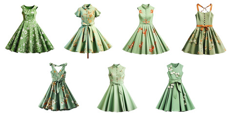 Png Set Floral patterned retro green dress against transparent background