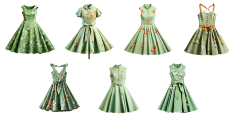 Png Set Floral patterned retro green dress against transparent background