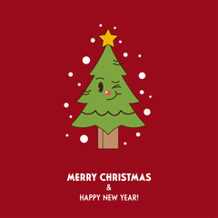 Merry Christmas card with a smiling cartoon Christmas tree and garland with lights. Flat design. Vector illustration.