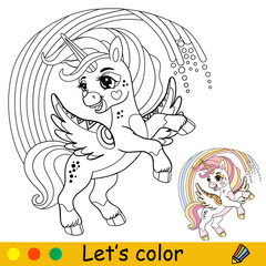 Cartoon unicorn into the rainbow coloring vector