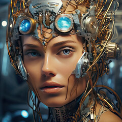 Futuristic cyborg woman portrait in style of cyberpunk ai generated