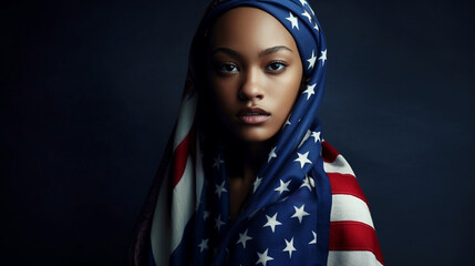 Fictitious patriotic young African American woman wears American flag as a headscarf AI generative - obrazy, fototapety, plakaty