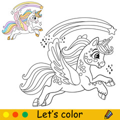Cartoon unicorn runs with a comet coloring vector